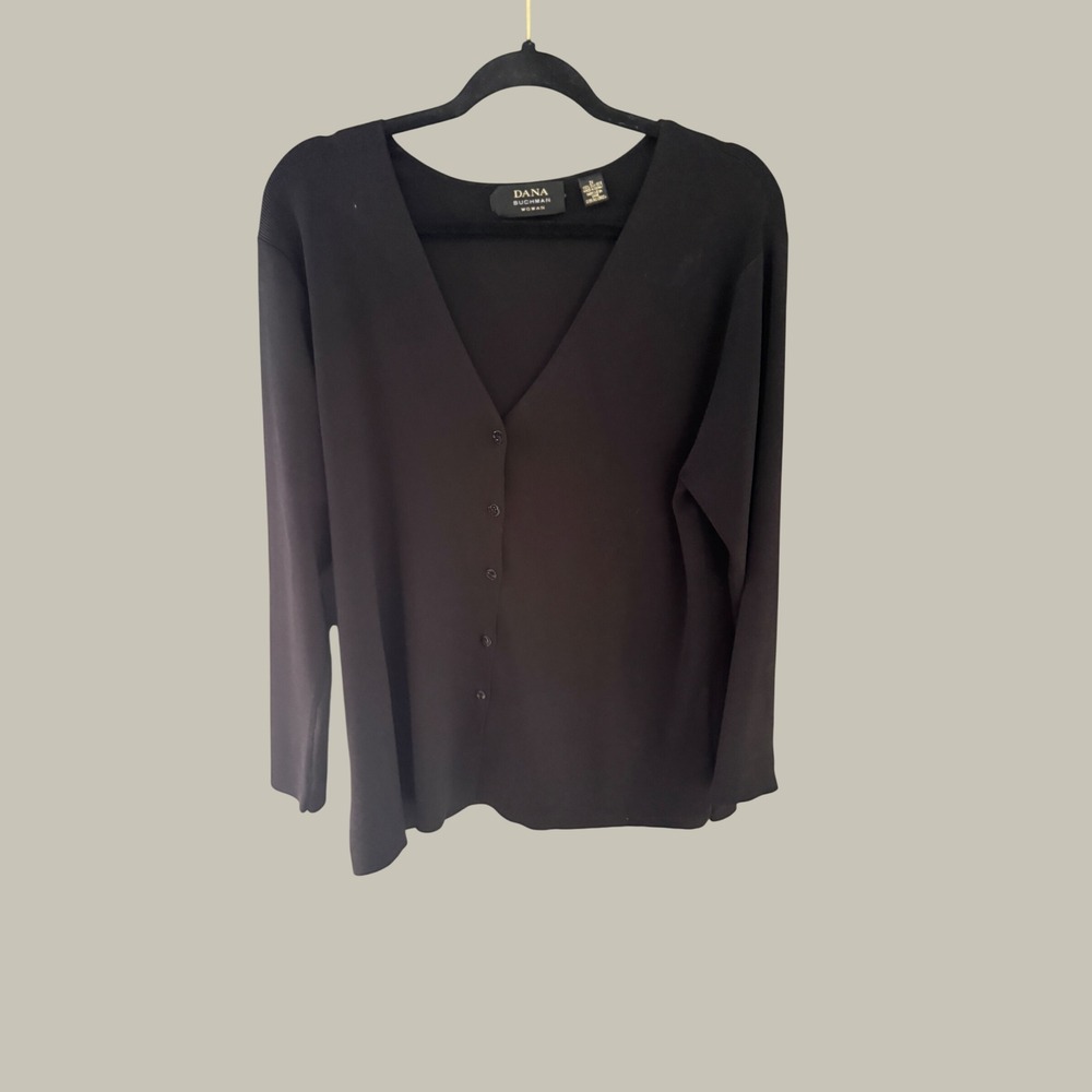 Dana Buchman Vintage Woman Black 100% Silk V-Neck Butto Cardigan Sweater 2X